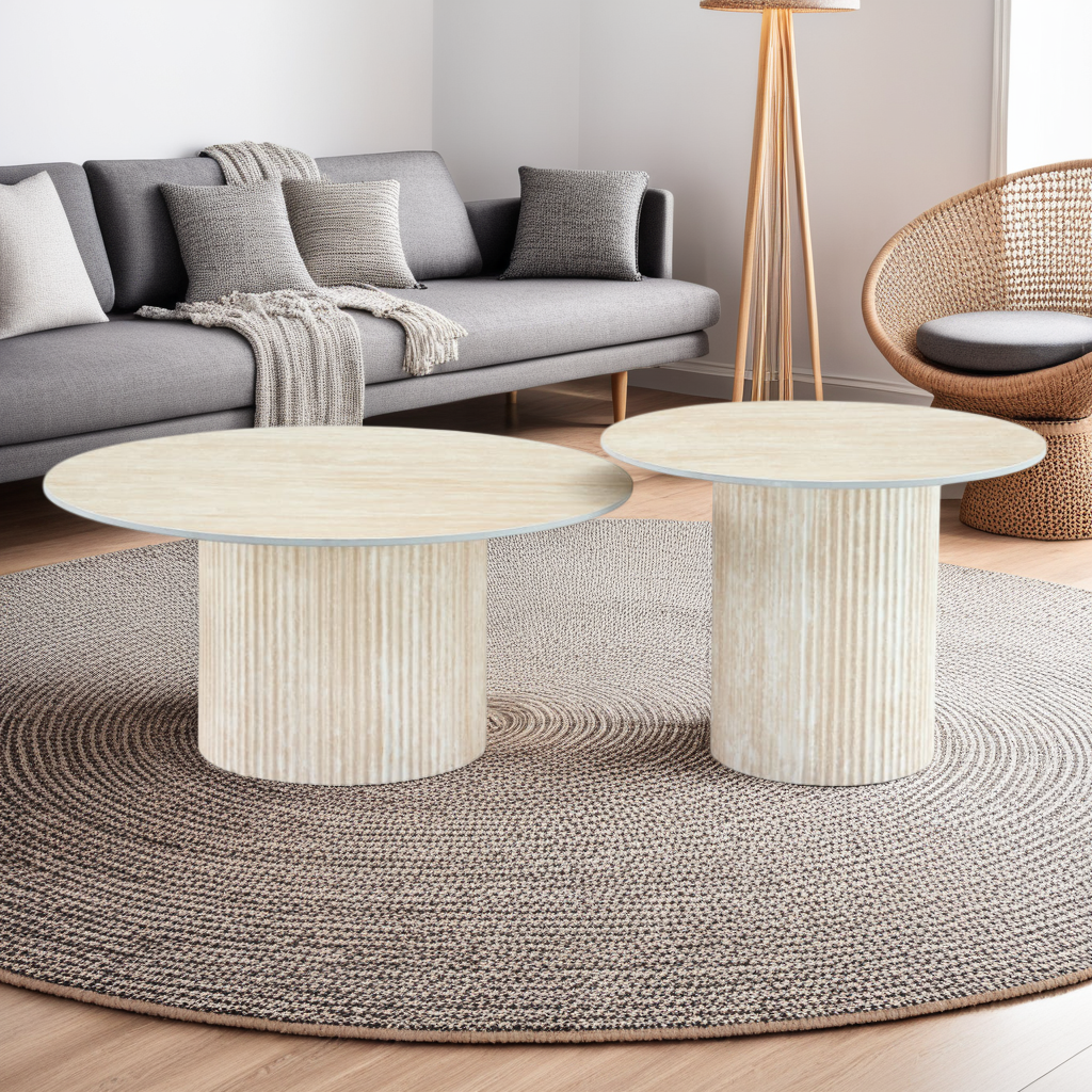 Table basse Plateau marbre en Céramique et Piètement Travertin