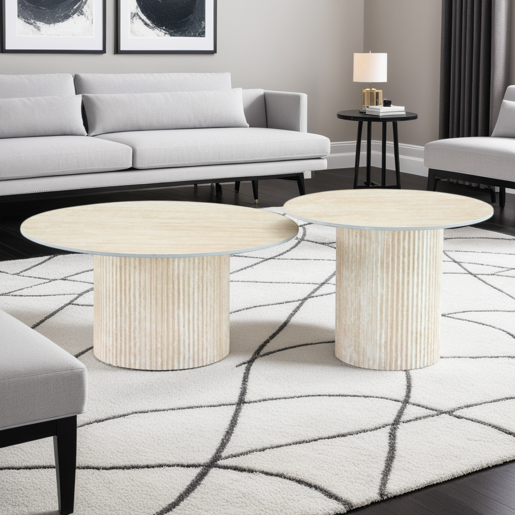 Table basse Plateau marbre en Céramique et Piètement Travertin