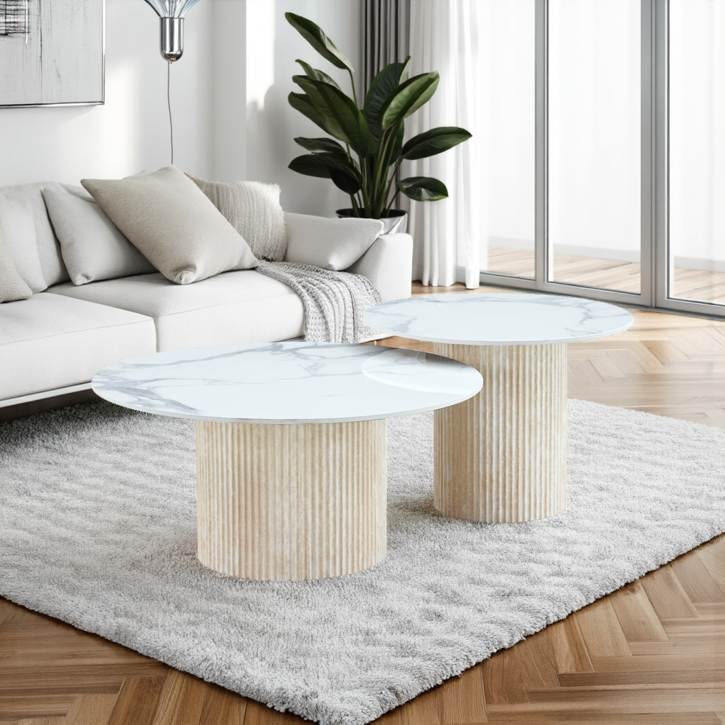 Table basse Plateau marbre en Céramique et Piètement Travertin