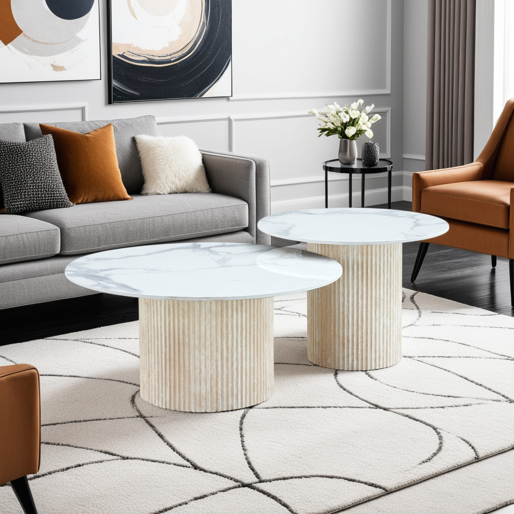 Table basse Plateau marbre en Céramique et Piètement Travertin