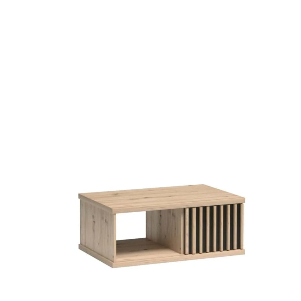 Table basse moderne pour salon et terrasse, avec étagères et tiroir, décorée de bandes à lattes sur fond noir