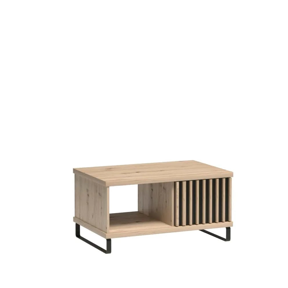 Table basse moderne pour salon et terrasse, avec étagères et tiroir, décorée de bandes à lattes sur fond noir