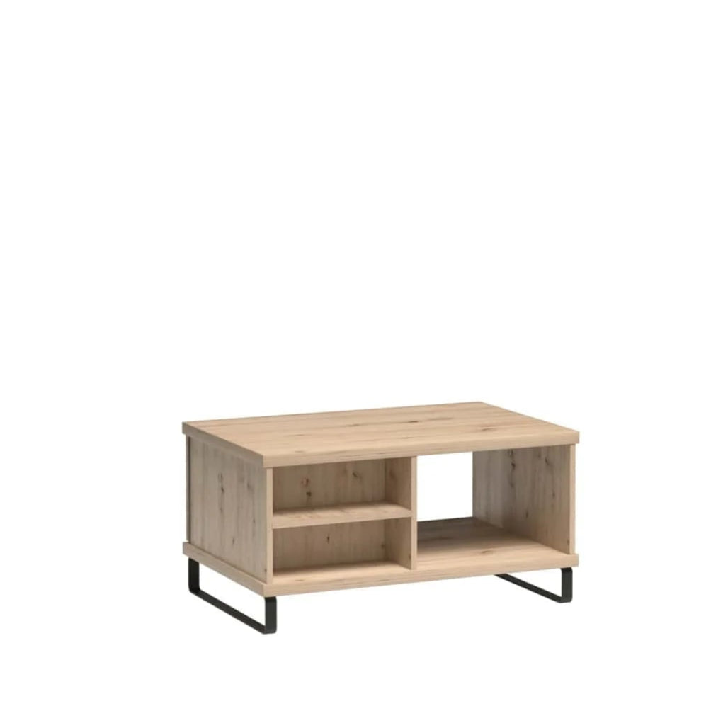 Table basse moderne pour salon et terrasse, avec étagères et tiroir, décorée de bandes à lattes sur fond noir