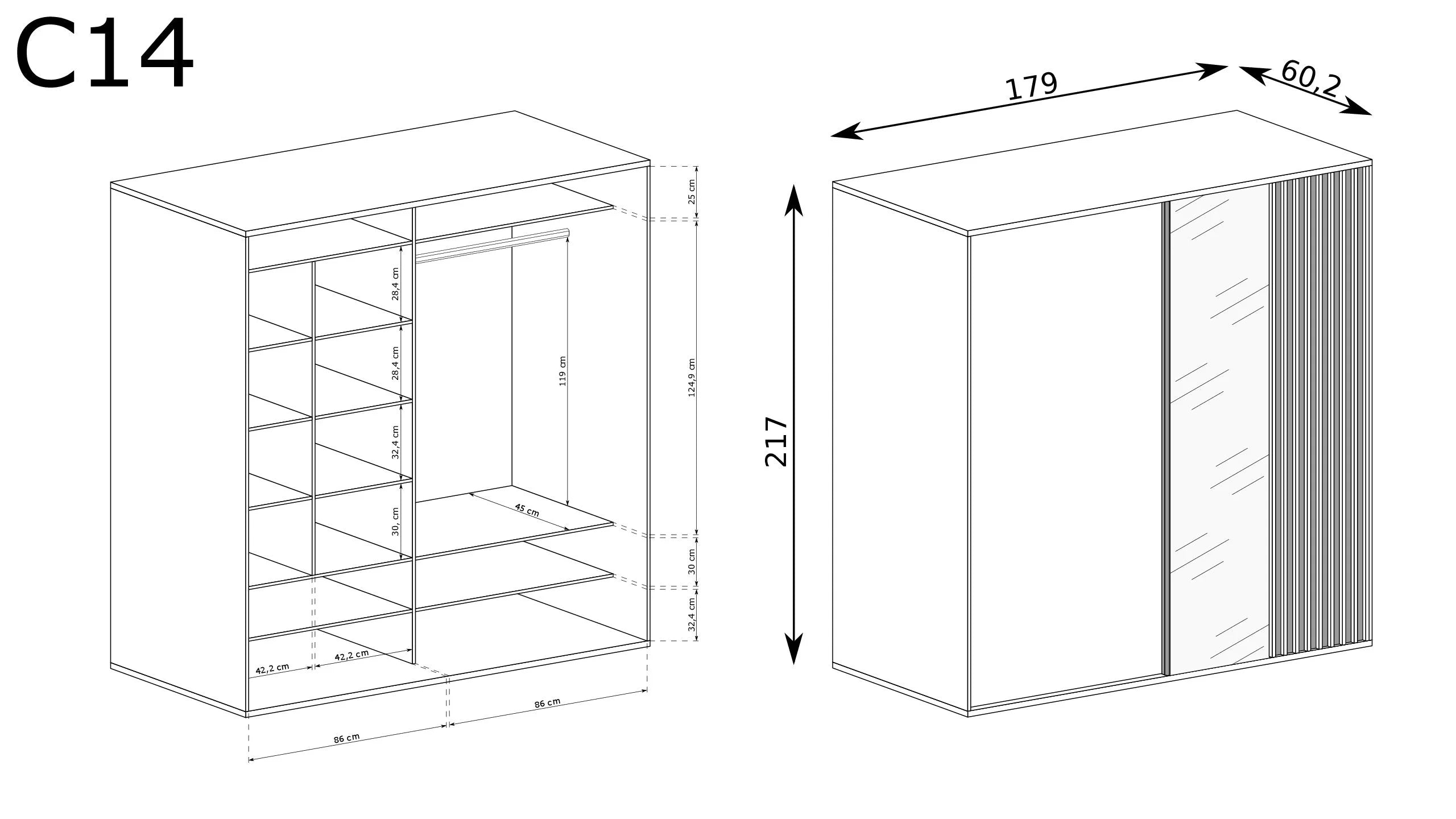 Armoire coulissante moderne avec insert à lattes, touches noires et grand miroir