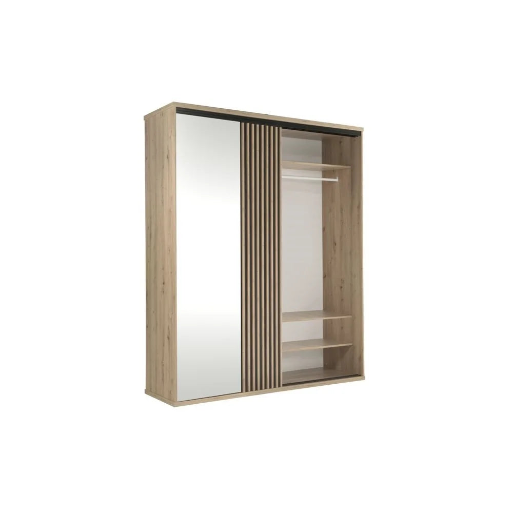 Armoire coulissante moderne avec insert à lattes, touches noires et grand miroir