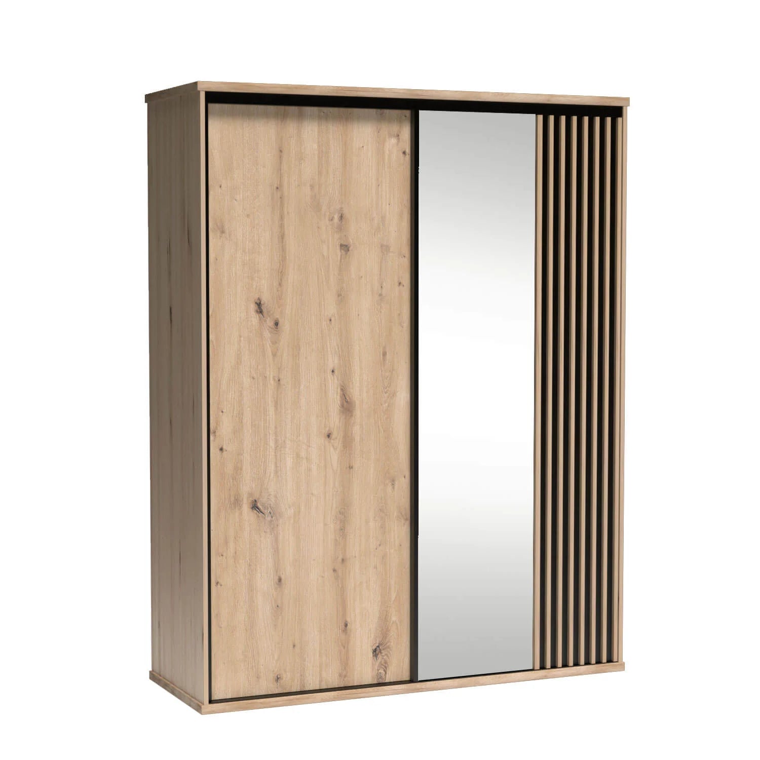 Armoire coulissante moderne avec insert à lattes, touches noires et grand miroir