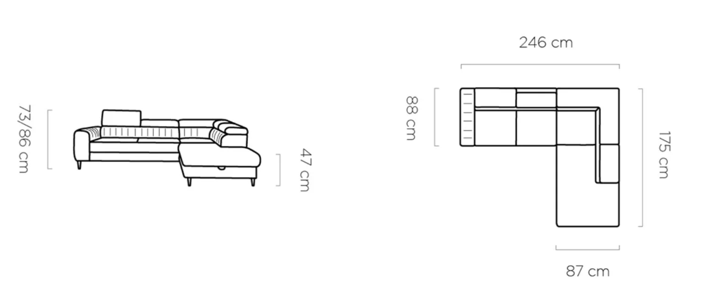 Canapé d’Angle – Design Moderne, Système de Couchage DELFIN, Coffre de Rangement et Têtières Ajustables | Tissu Haut de Gamme
