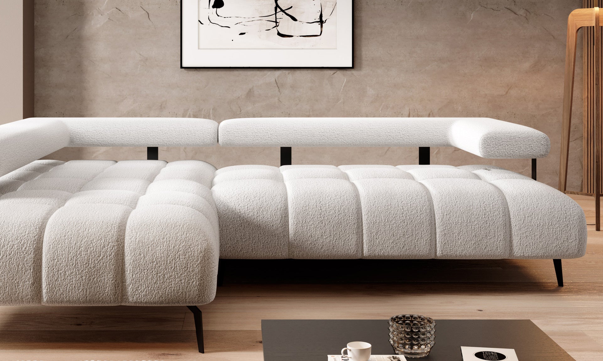 Canapé d’angle moderne avec réglage électrique de la profondeur d’assise