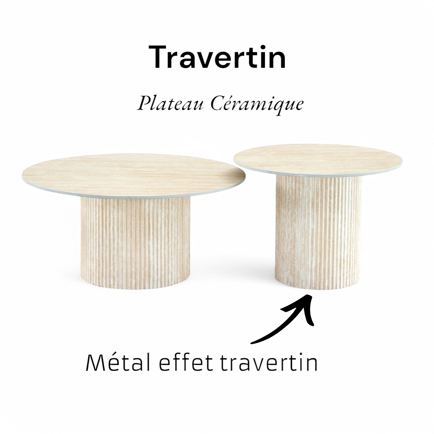 Table basse Plateau marbre en Céramique et Piètement Travertin
