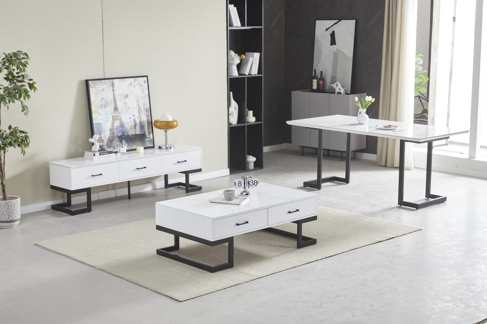 Table à manger – Plateau céramique effet pierre – Pieds noirs – 180 cm