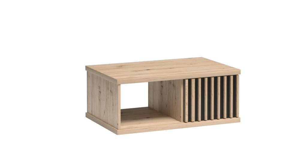 Table basse moderne pour salon et terrasse, avec étagères et tiroir, décorée de bandes à lattes sur fond noir