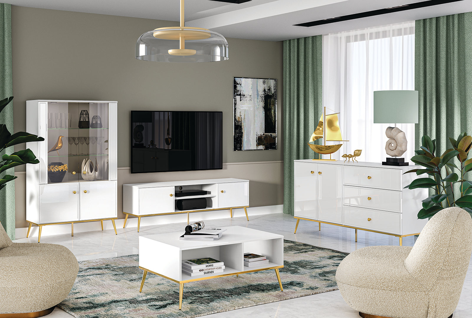 Buffet Blanc Brillant – Tiroir à Extension Complète, Bordure ABS, MDF de Haute Qualité, Résistant à l'Humidité
