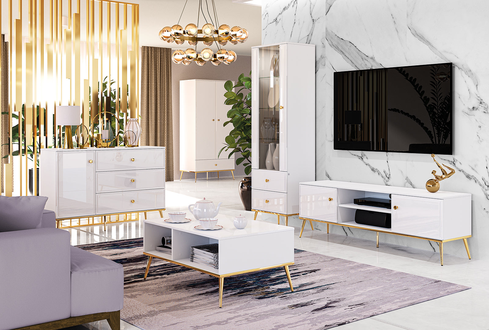 Buffet Blanc Brillant – Tiroir à Extension Complète, Bordure ABS, MDF de Haute Qualité, Résistant à l'Humidité