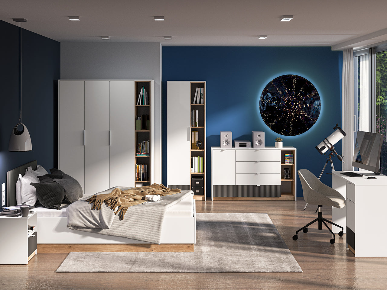 Garde-Robe Moderne avec Bordure ABS - Grande Capacité, Extension Complète et Design Élégant en Blanc et Chêne Castello