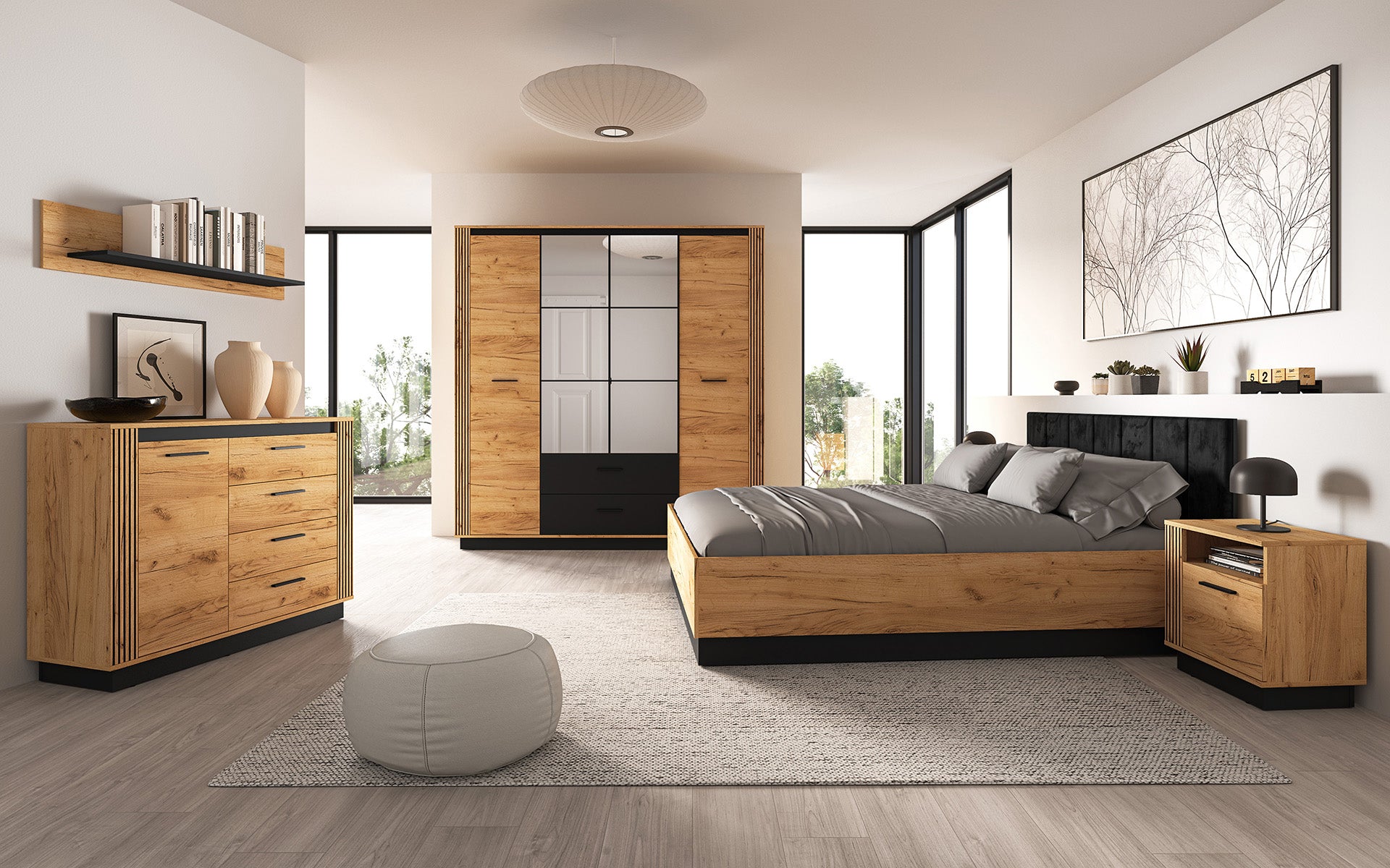 Ensemble Chambre à Coucher – Collection URSEN – 5 Pieces - Élégance Contemporaine en Chêne Craft Or & Noir