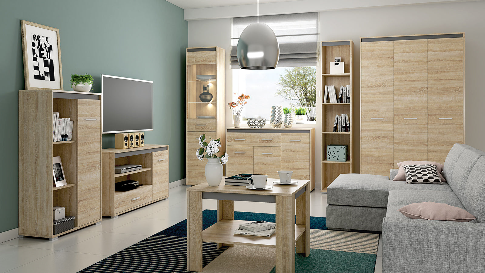 Vitrine Colonne avec Verre Trempé – Éclairage Optionnel – Design Sonoma Clair, Blanc et Anthracite
