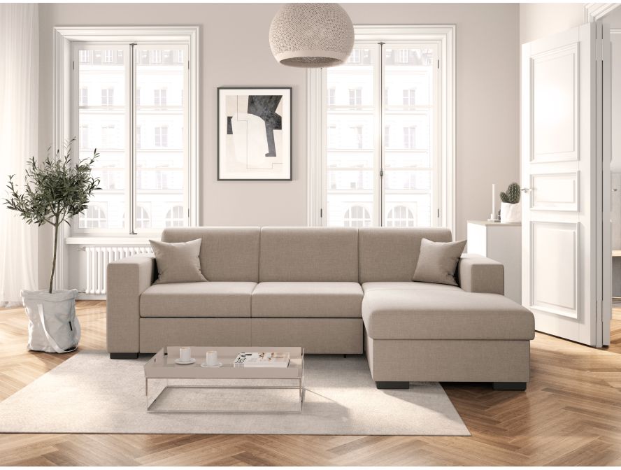 Canapé d'angle convertible avec coffre en tissu