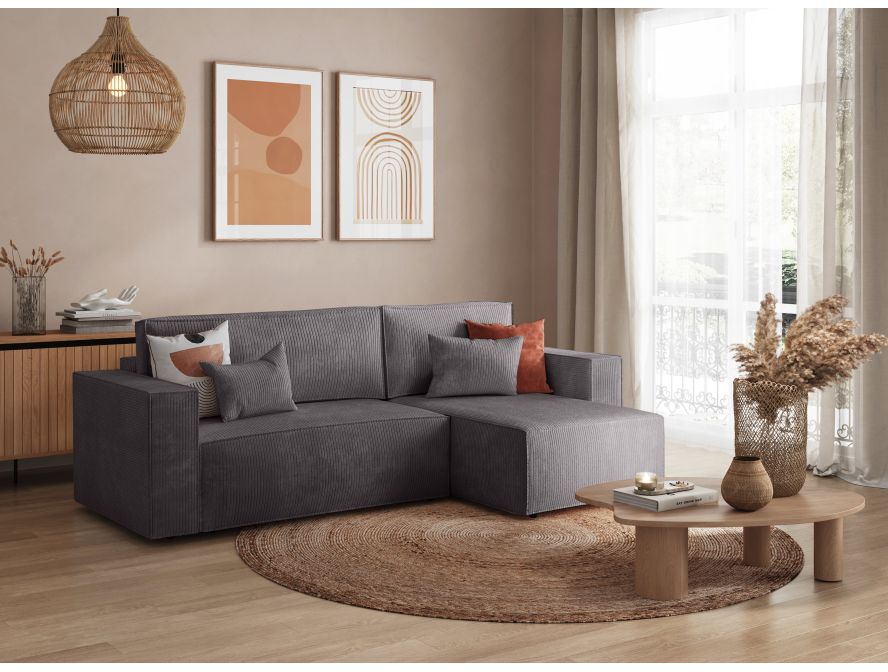 Canapé d'angle convertible avec coffre en tissu