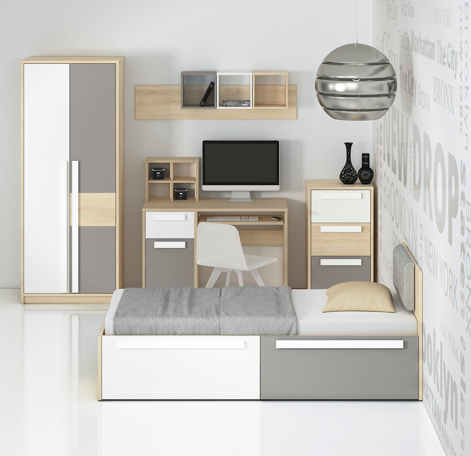 Armoire d'angle moderne Hêtre Fjord, Blanc & Gris Platine – Rangement optimisé avec bordure ABS, résistant à l'humidité et aux rayures