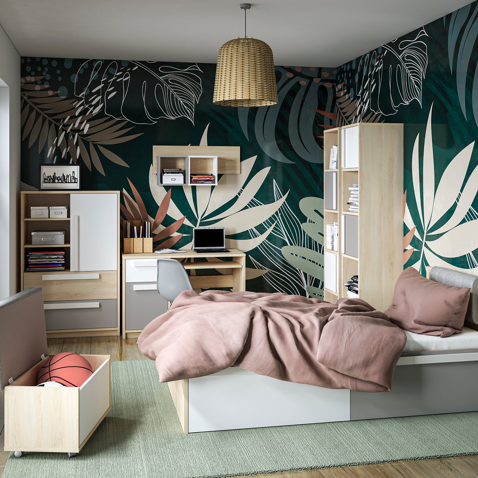 Etagère d'Angle Moderne Hêtre Fjord + Blanc avec Tiroirs Renforcés | Rangement Optimisé et Design Contemporain