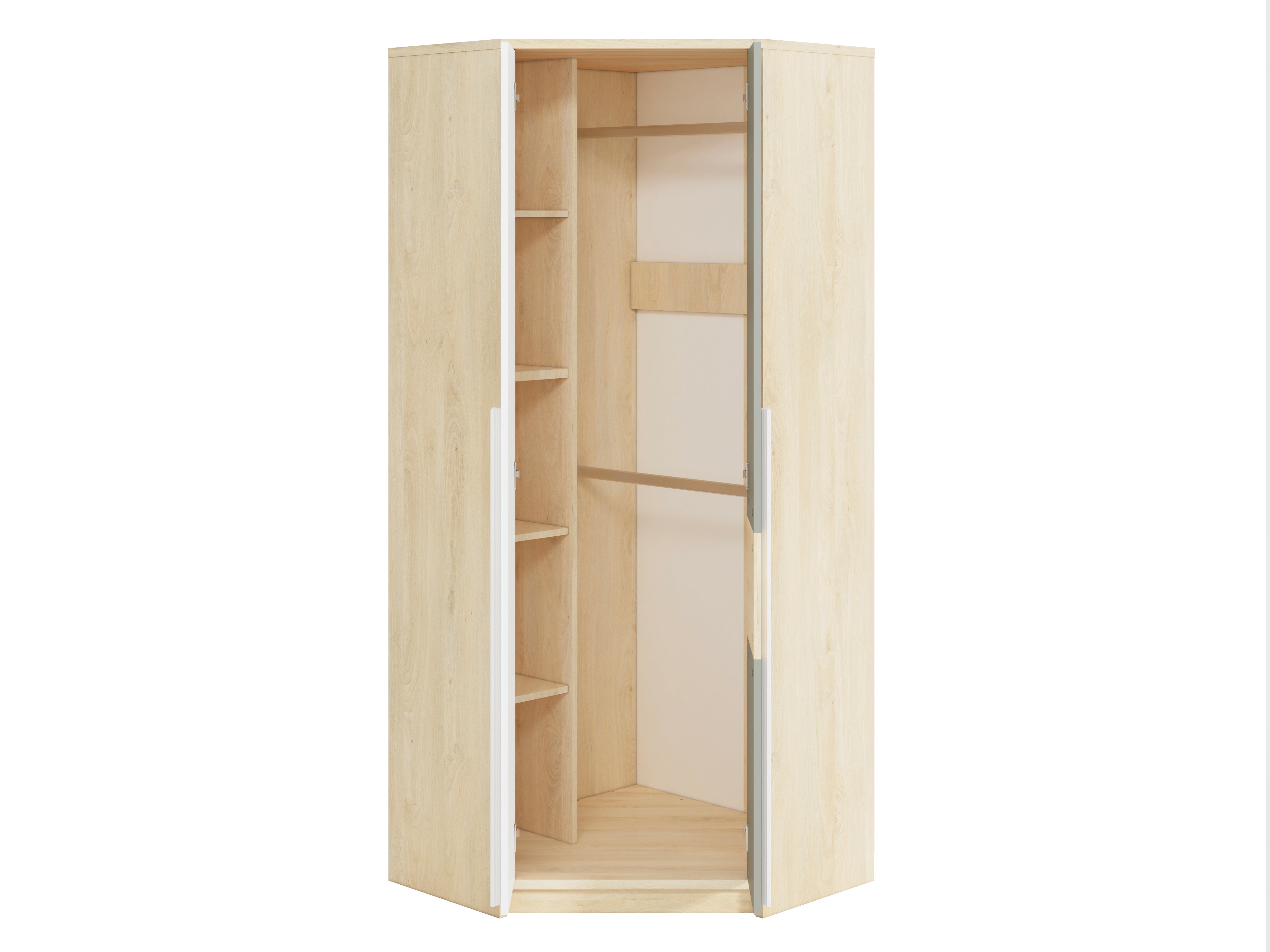 Armoire d’Angle Moderne en Hêtre Fjord et Blanc – Rangement Gain de Place avec Finition Résistante