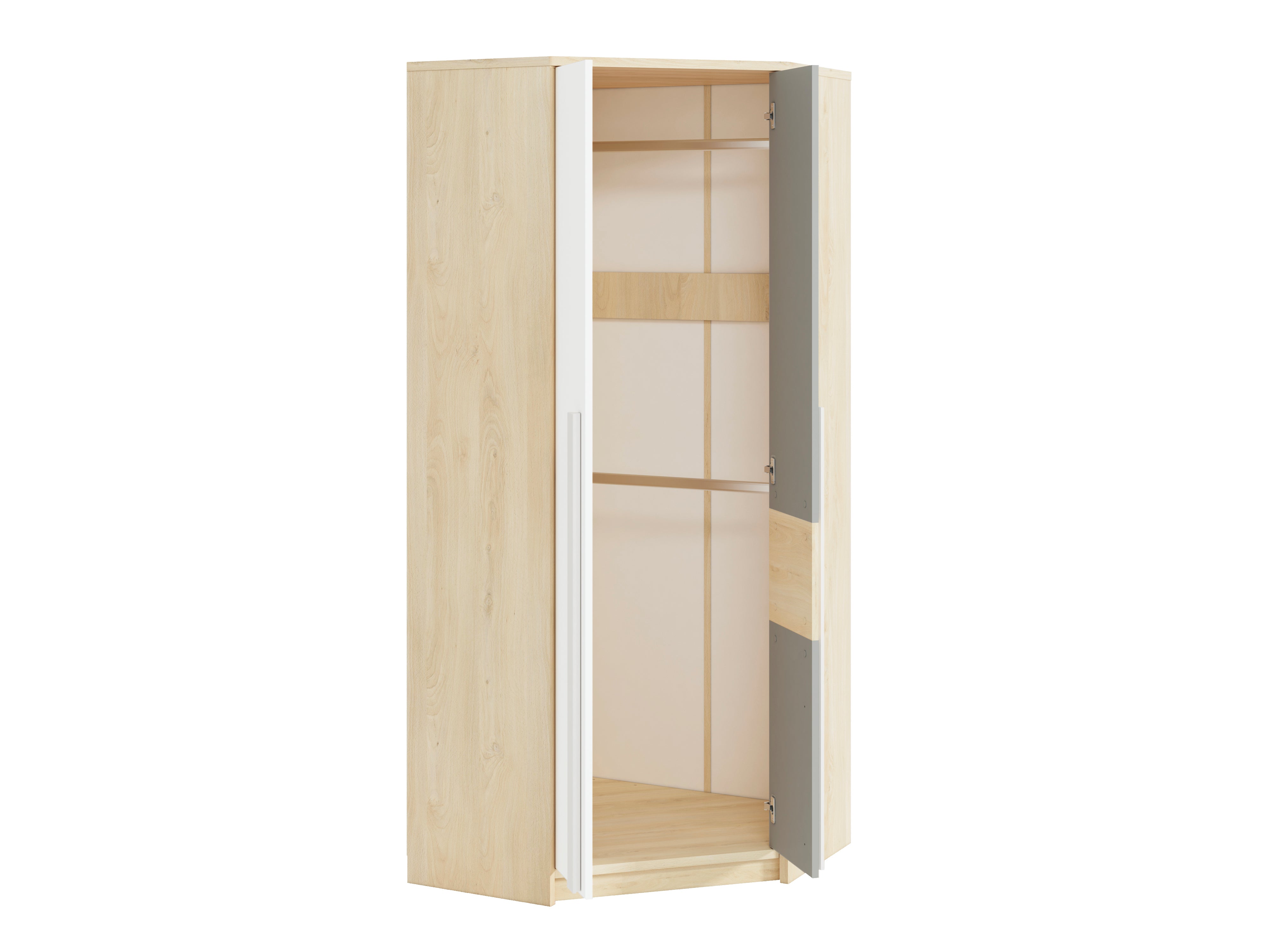 Armoire d’Angle Moderne en Hêtre Fjord et Blanc – Rangement Gain de Place avec Finition Résistante