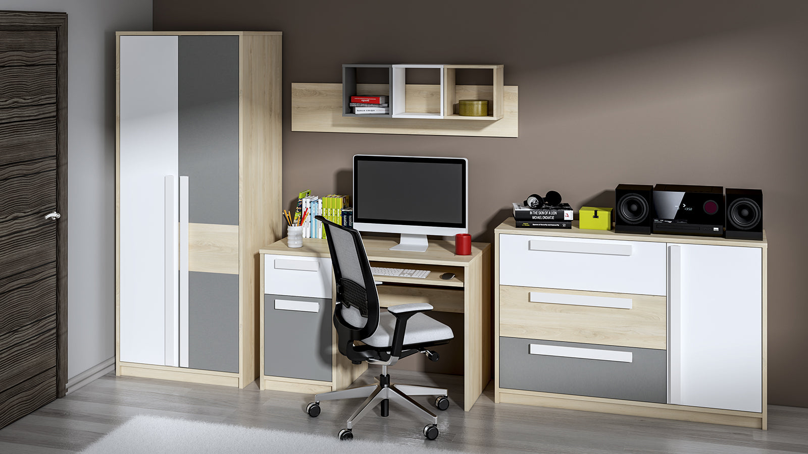 Armoire d'angle moderne Hêtre Fjord, Blanc & Gris Platine – Rangement optimisé avec bordure ABS, résistant à l'humidité et aux rayures