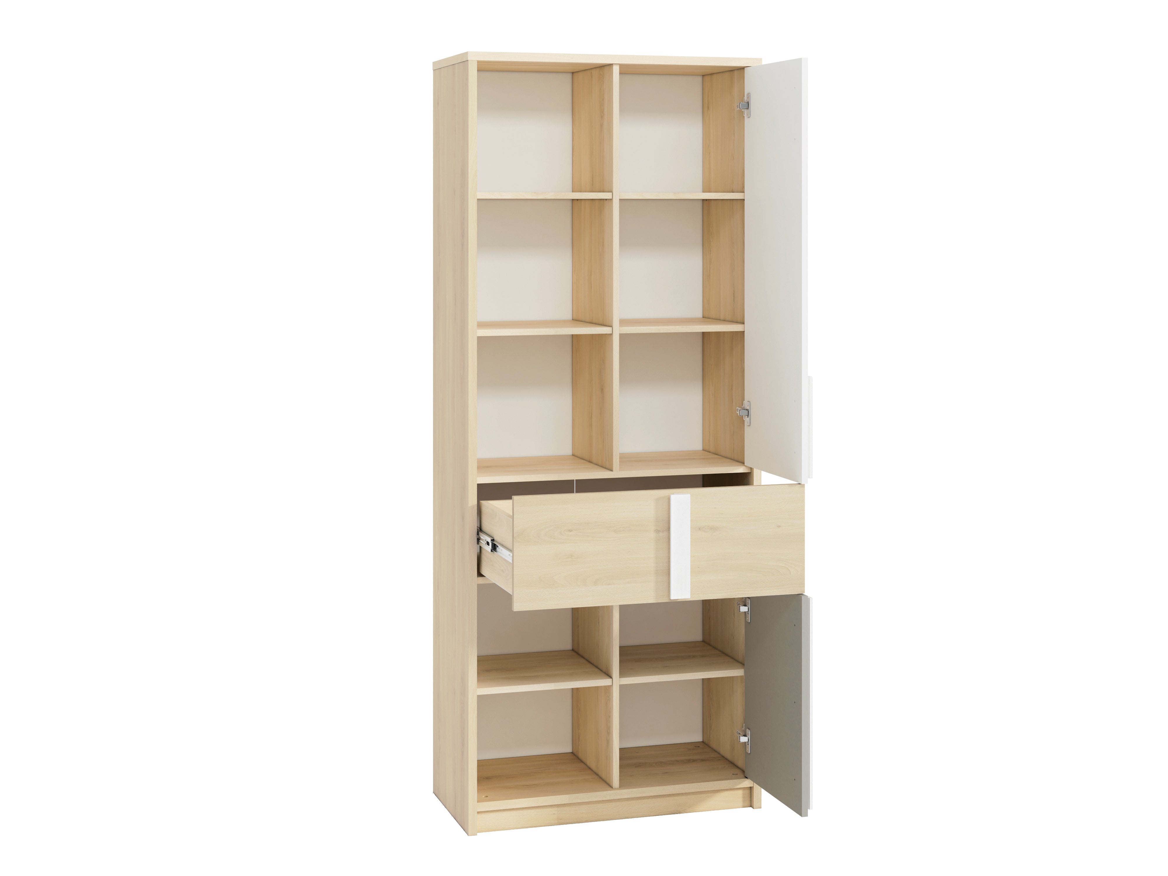 Etagère d'Angle Moderne Hêtre Fjord + Blanc avec Tiroirs Renforcés | Rangement Optimisé et Design Contemporain