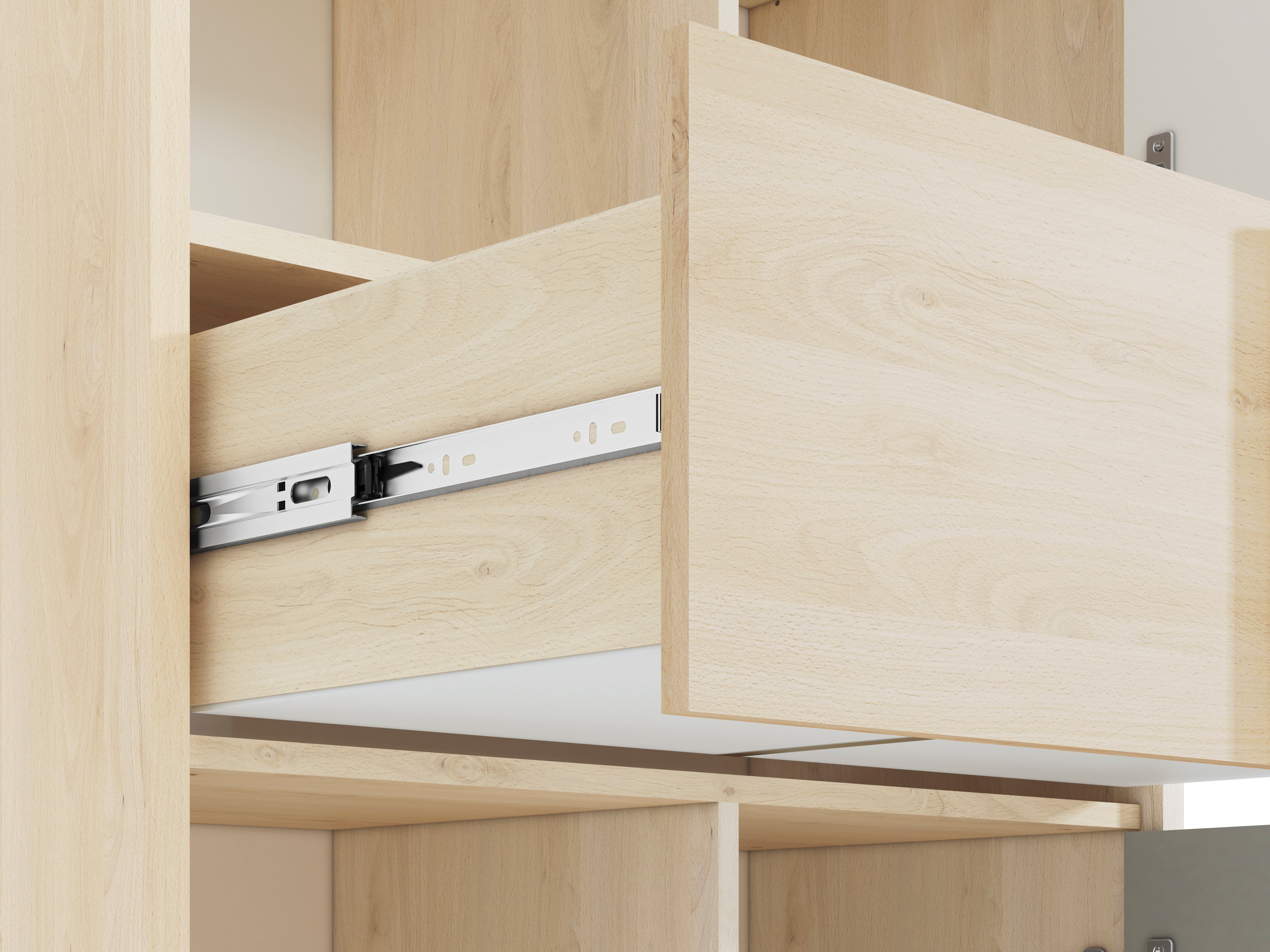Etagère d'Angle Moderne Hêtre Fjord + Blanc avec Tiroirs Renforcés | Rangement Optimisé et Design Contemporain