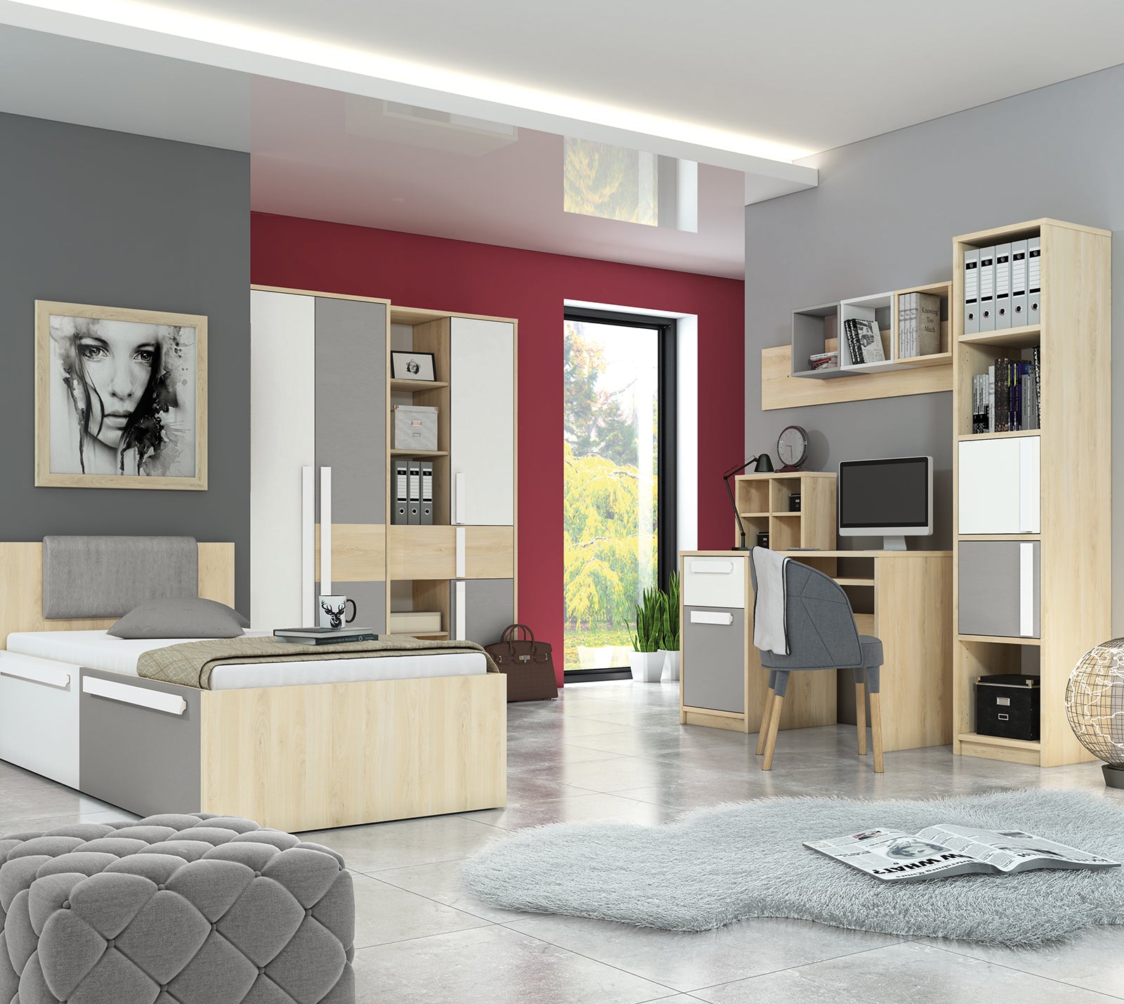 Lit contemporain Hêtre Fjord + Blanc, cadre solide avec bordure ABS et finition résistante