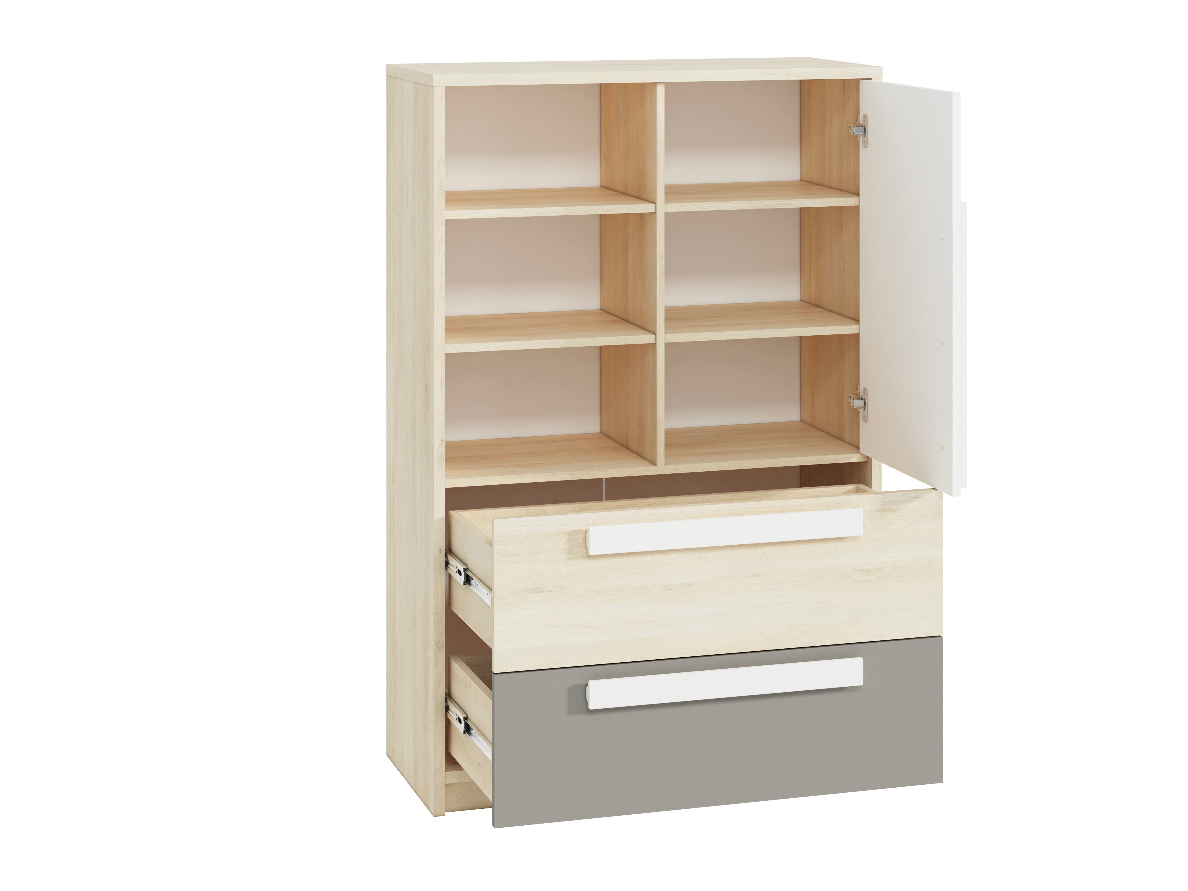 Buffet contemporain avec tiroirs et portes en Hêtre Fjord, Blanc et Gris Platine – Rangement élégant et pratique