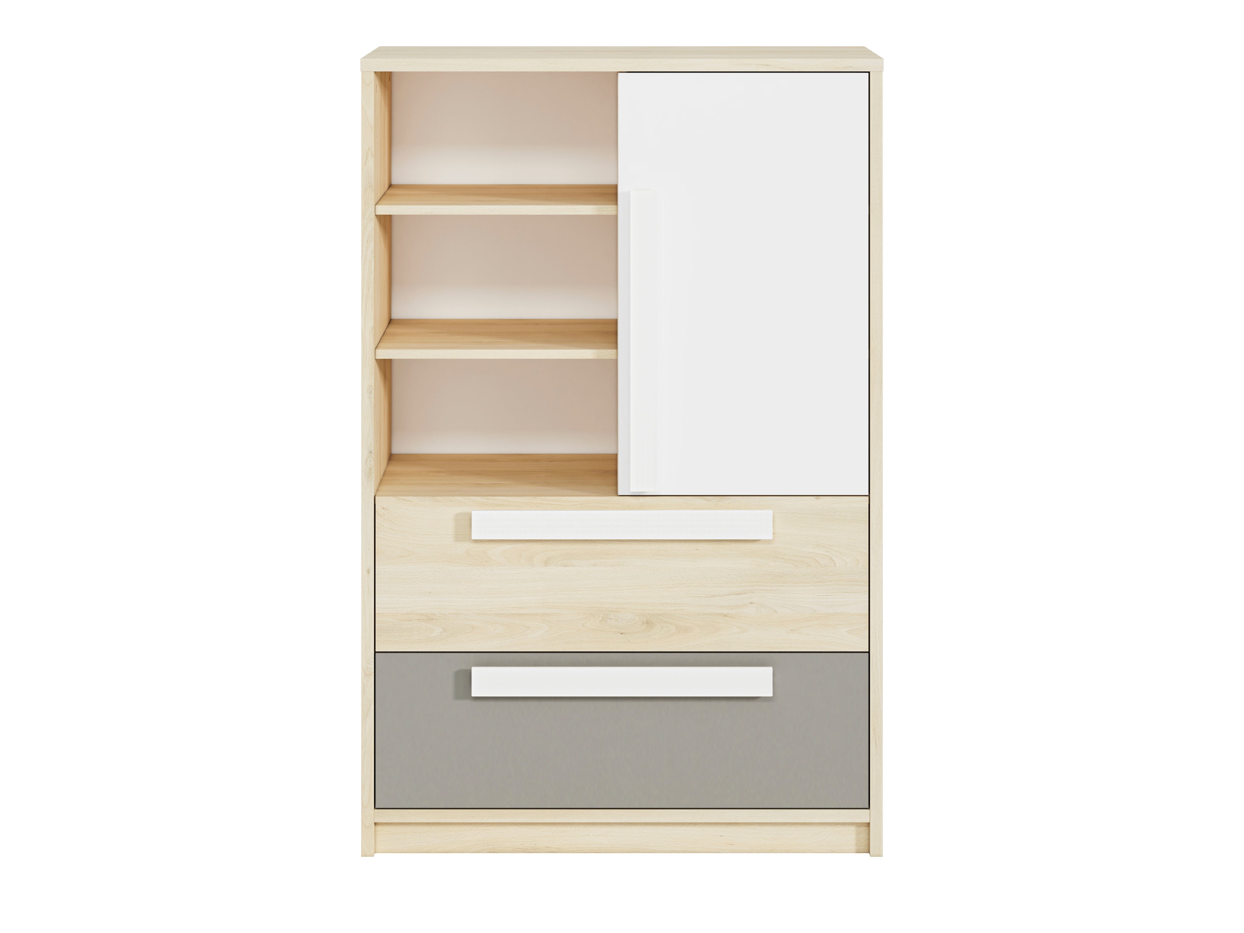 Buffet contemporain avec tiroirs et portes en Hêtre Fjord, Blanc et Gris Platine – Rangement élégant et pratique