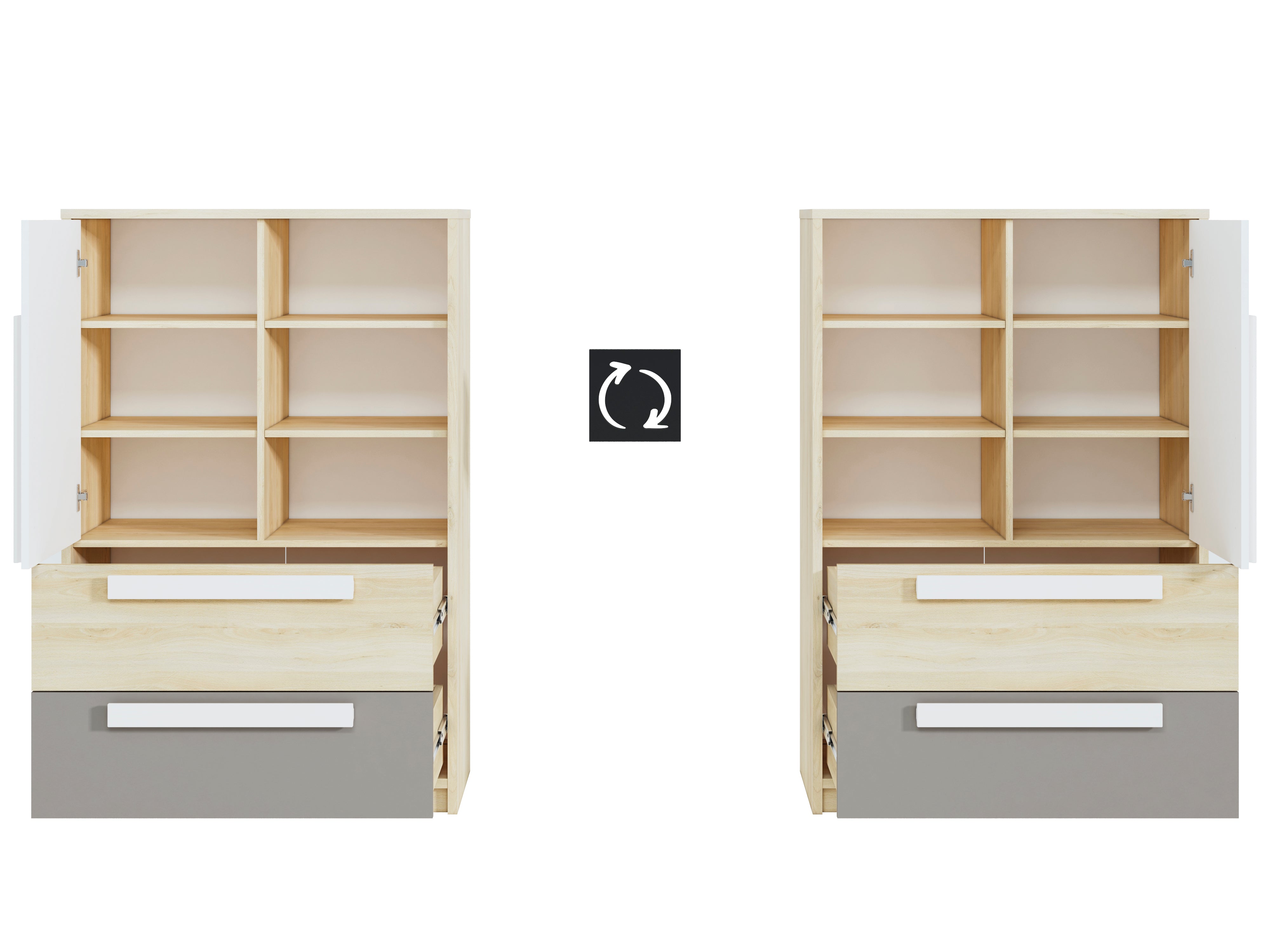 Buffet contemporain avec tiroirs et portes en Hêtre Fjord, Blanc et Gris Platine – Rangement élégant et pratique
