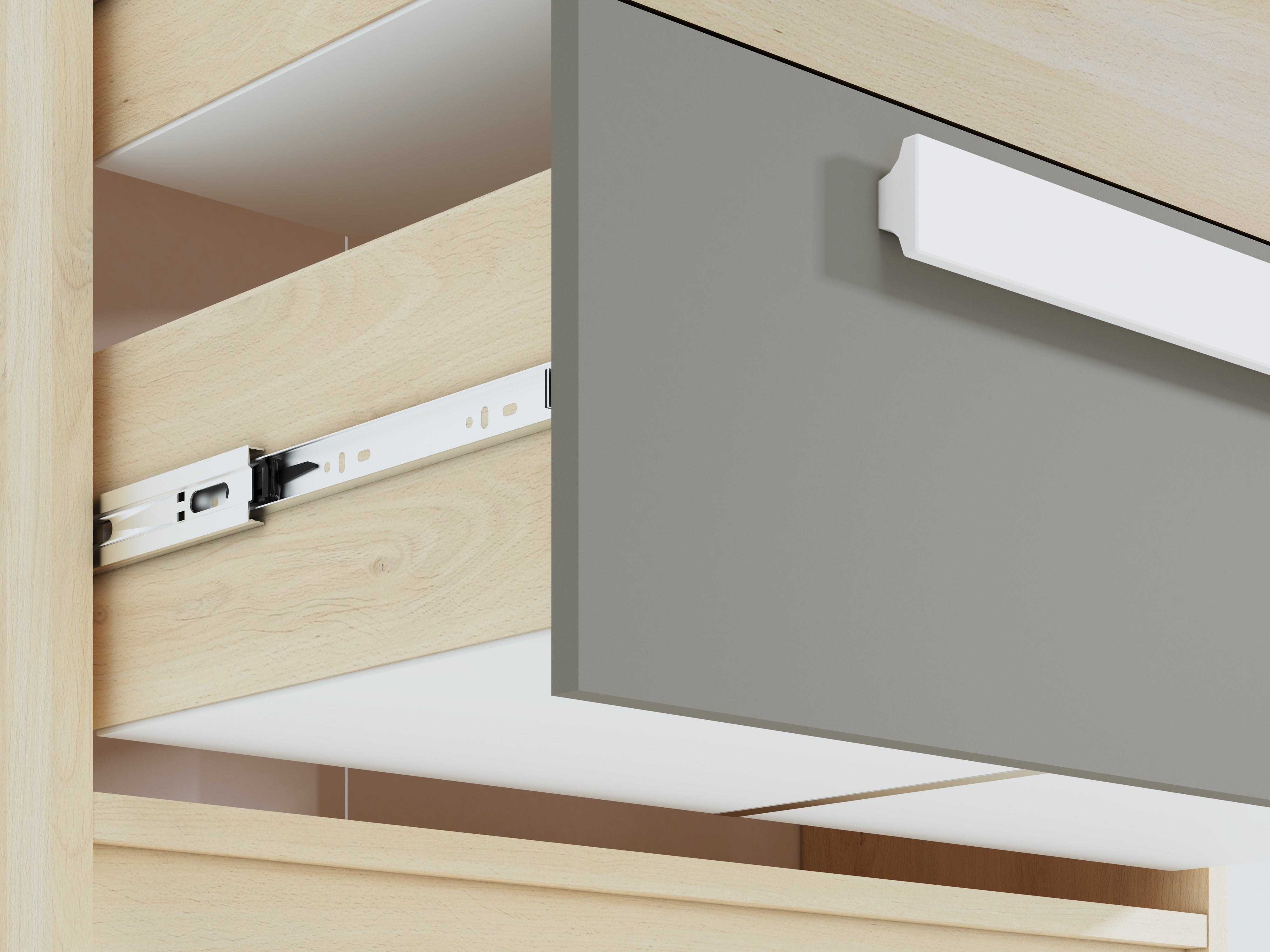 Buffet contemporain avec tiroirs et portes en Hêtre Fjord, Blanc et Gris Platine – Rangement élégant et pratique