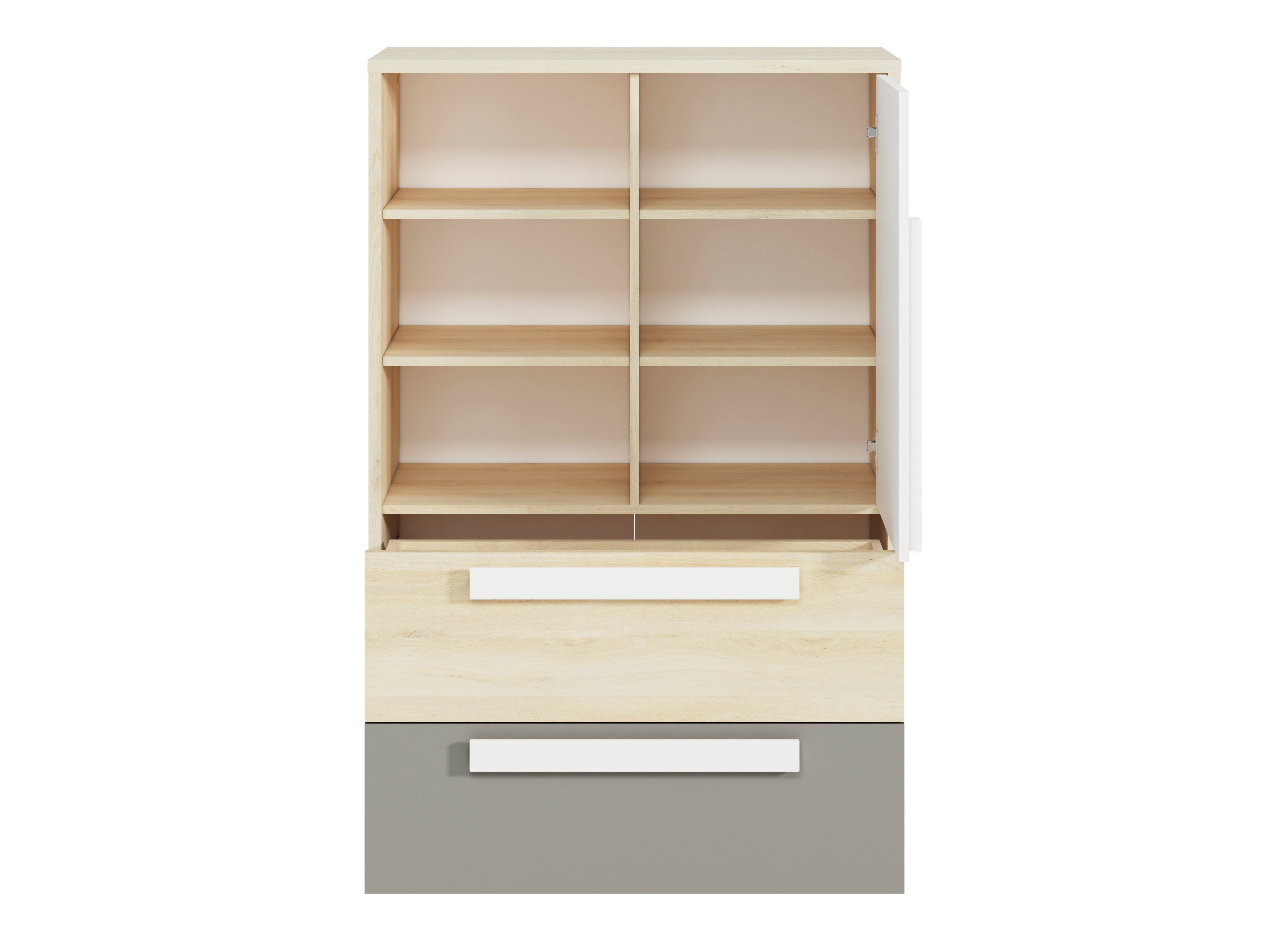 Buffet contemporain avec tiroirs et portes en Hêtre Fjord, Blanc et Gris Platine – Rangement élégant et pratique