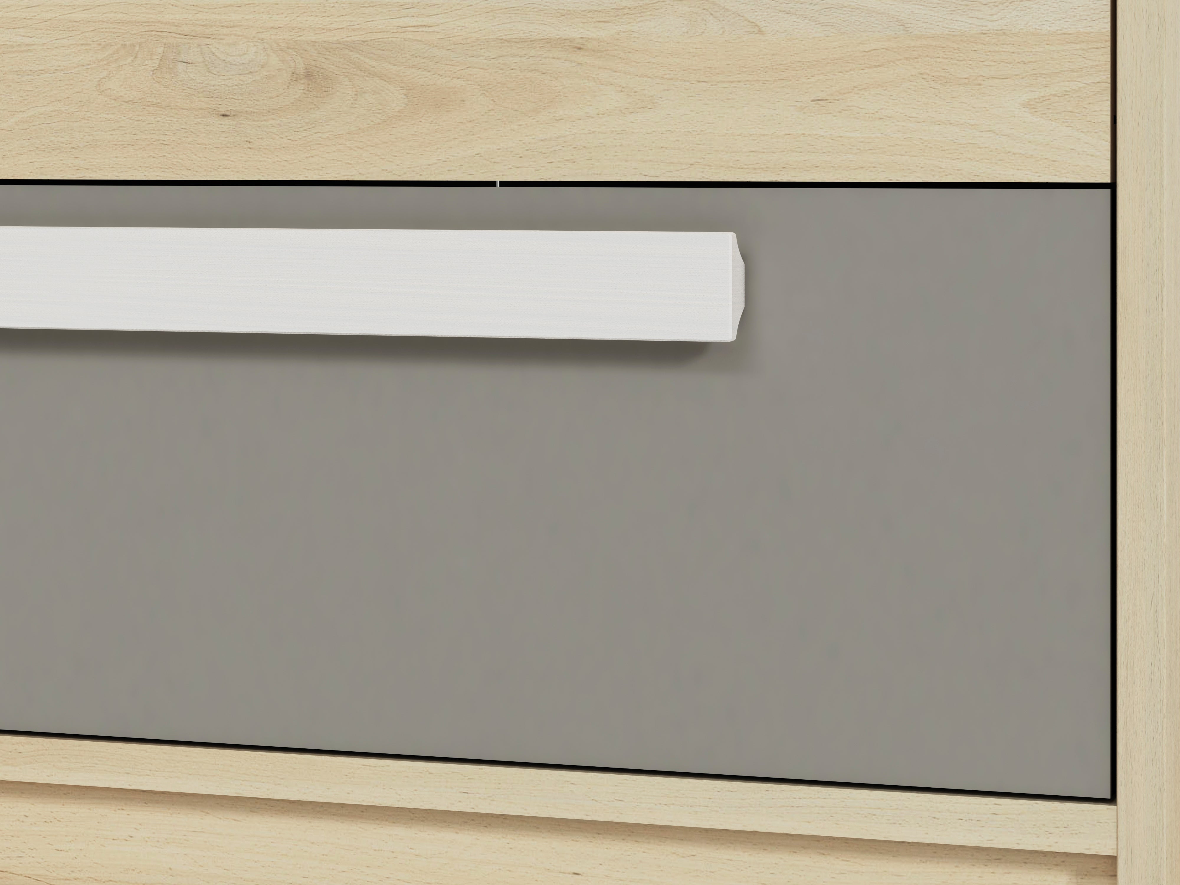 Buffet contemporain avec tiroirs et portes en Hêtre Fjord, Blanc et Gris Platine – Rangement élégant et pratique