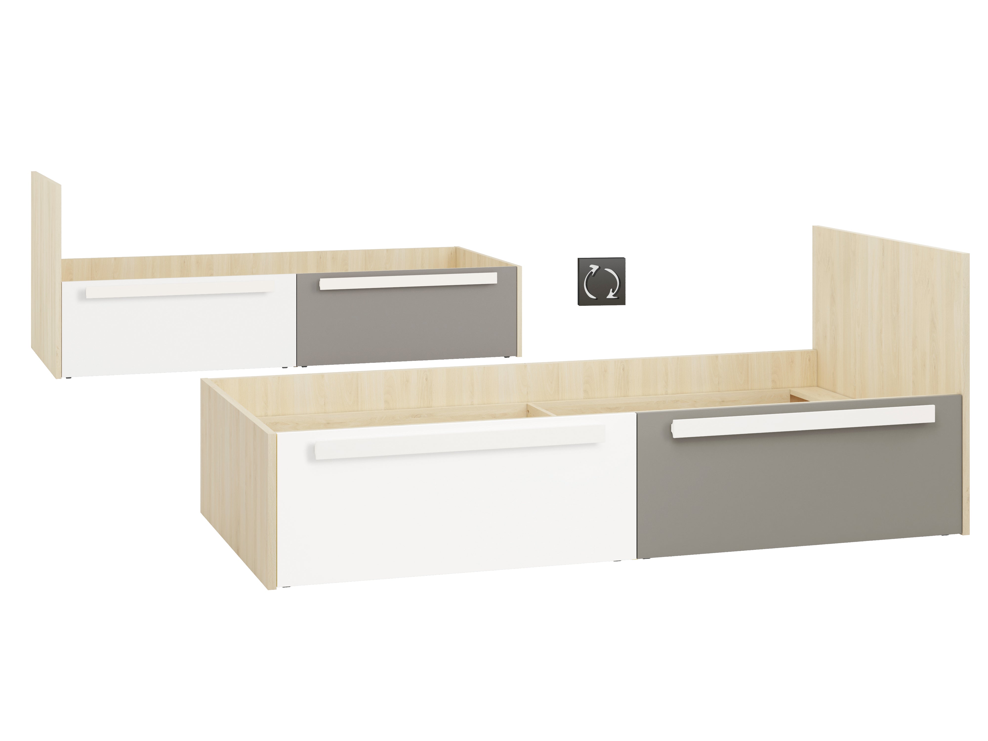 Lit contemporain Hêtre Fjord + Blanc, cadre solide avec bordure ABS et finition résistante