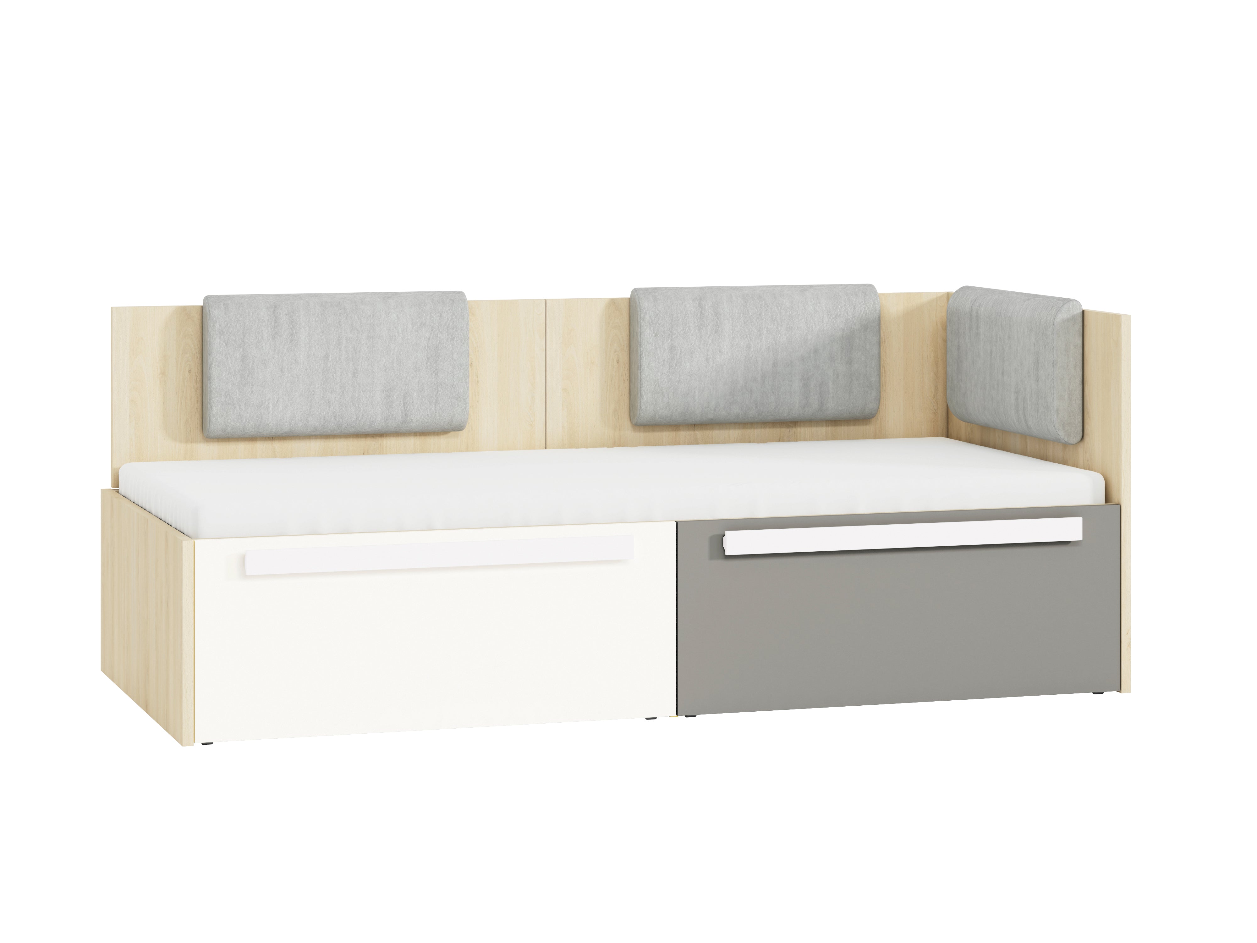 Lit contemporain Hêtre Fjord + Blanc, cadre solide avec bordure ABS et finition résistante