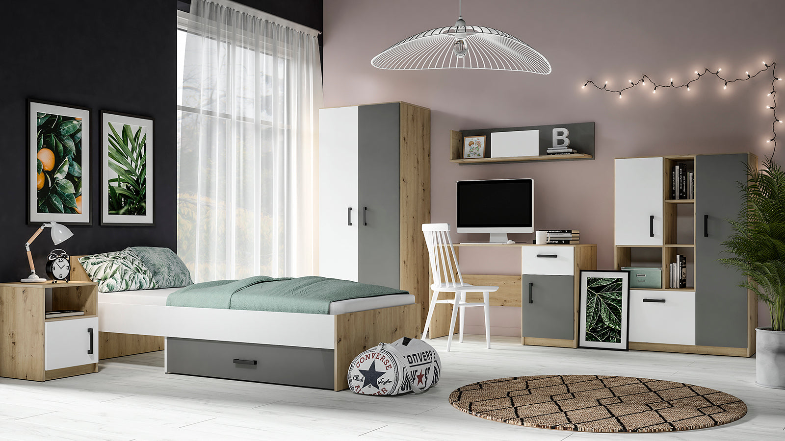 Buffet Moderne en Chêne Artisan et MDF Blanc + Anthracite avec Bordures ABS