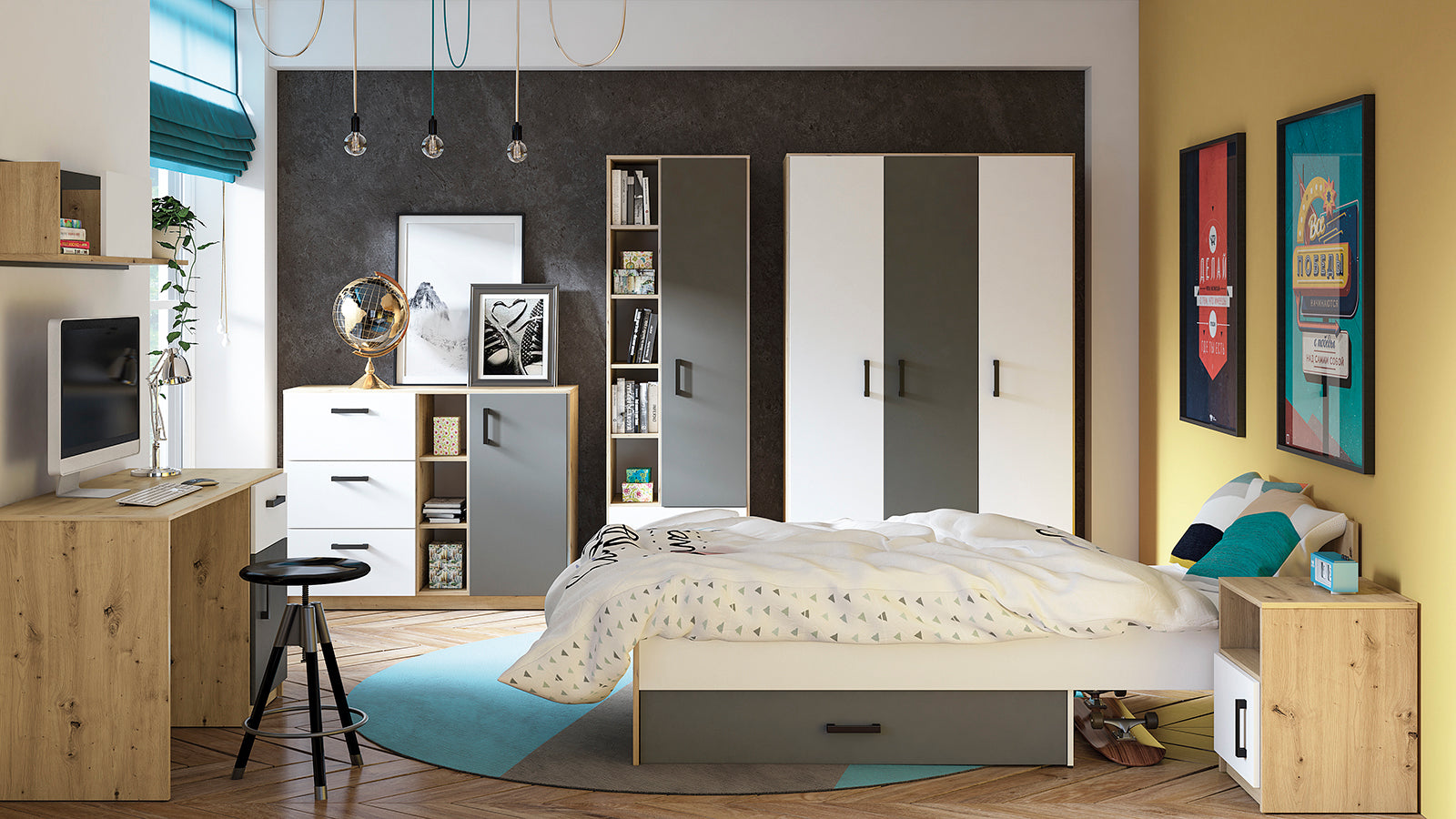 Lit Contemporain avec Structure en Bois et Métal - Confort et Élégance