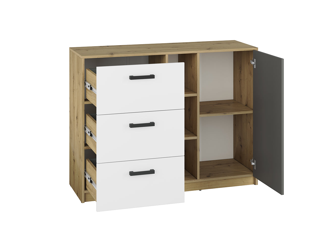 Buffet Moderne en Chêne Artisan et MDF Blanc + Anthracite avec Bordures ABS