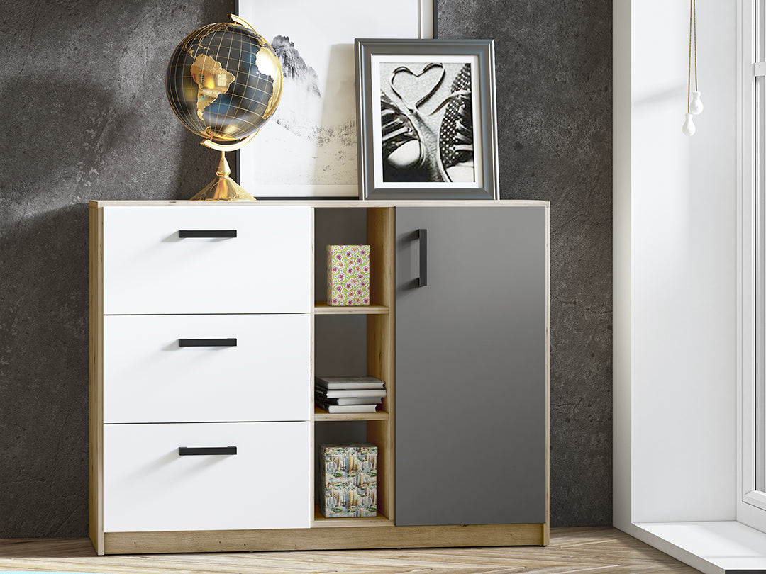 Buffet Moderne en Chêne Artisan et MDF Blanc + Anthracite avec Bordures ABS