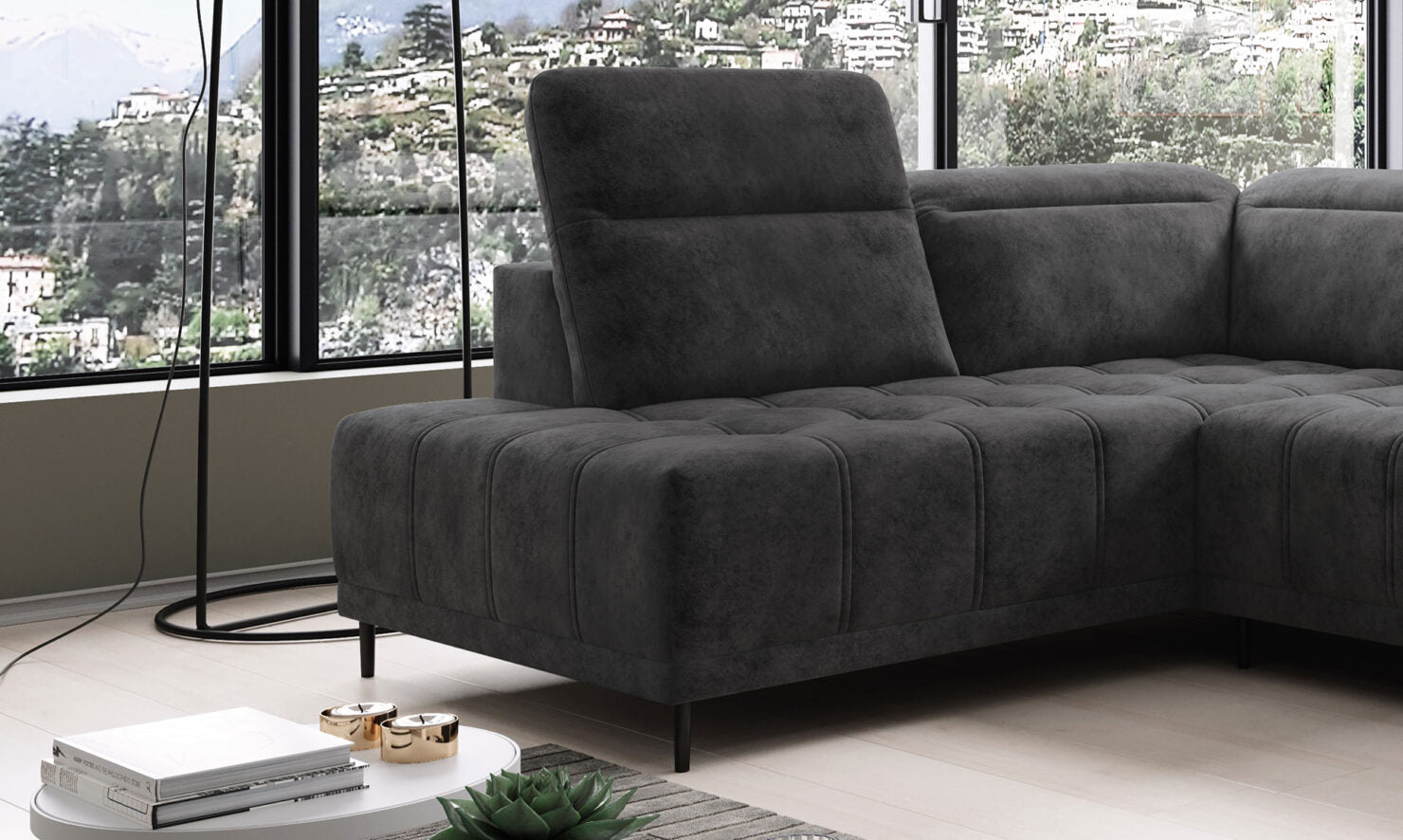 Canapé d'Angle Compact – Confort Personnalisé avec Appuis-tête réglables et profondeur d'assise modulable électriquement