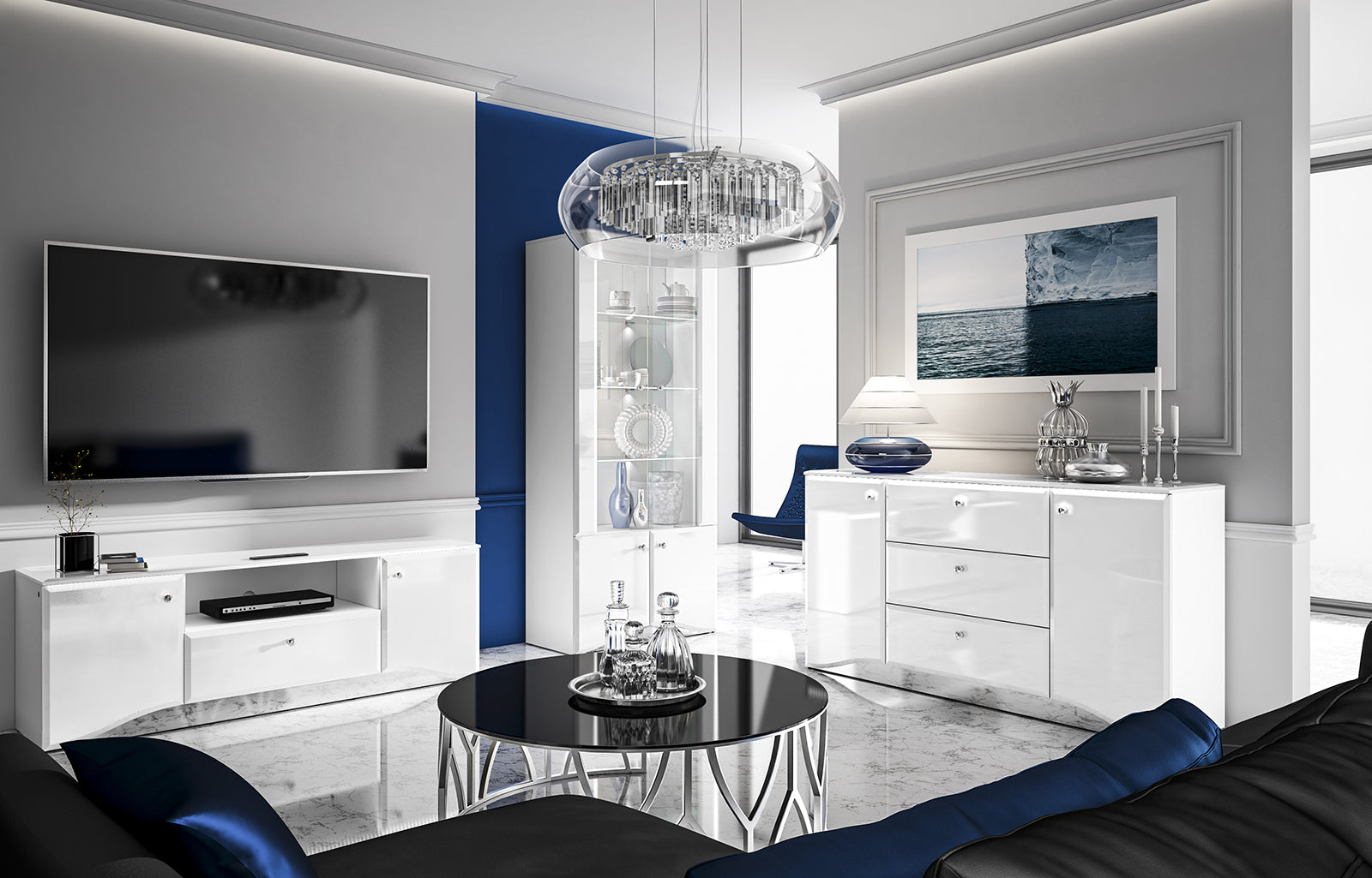 Ensemble Salon Complet – Ensemble Glamis, 3 pièces - blanc brillant / miroir chromé
