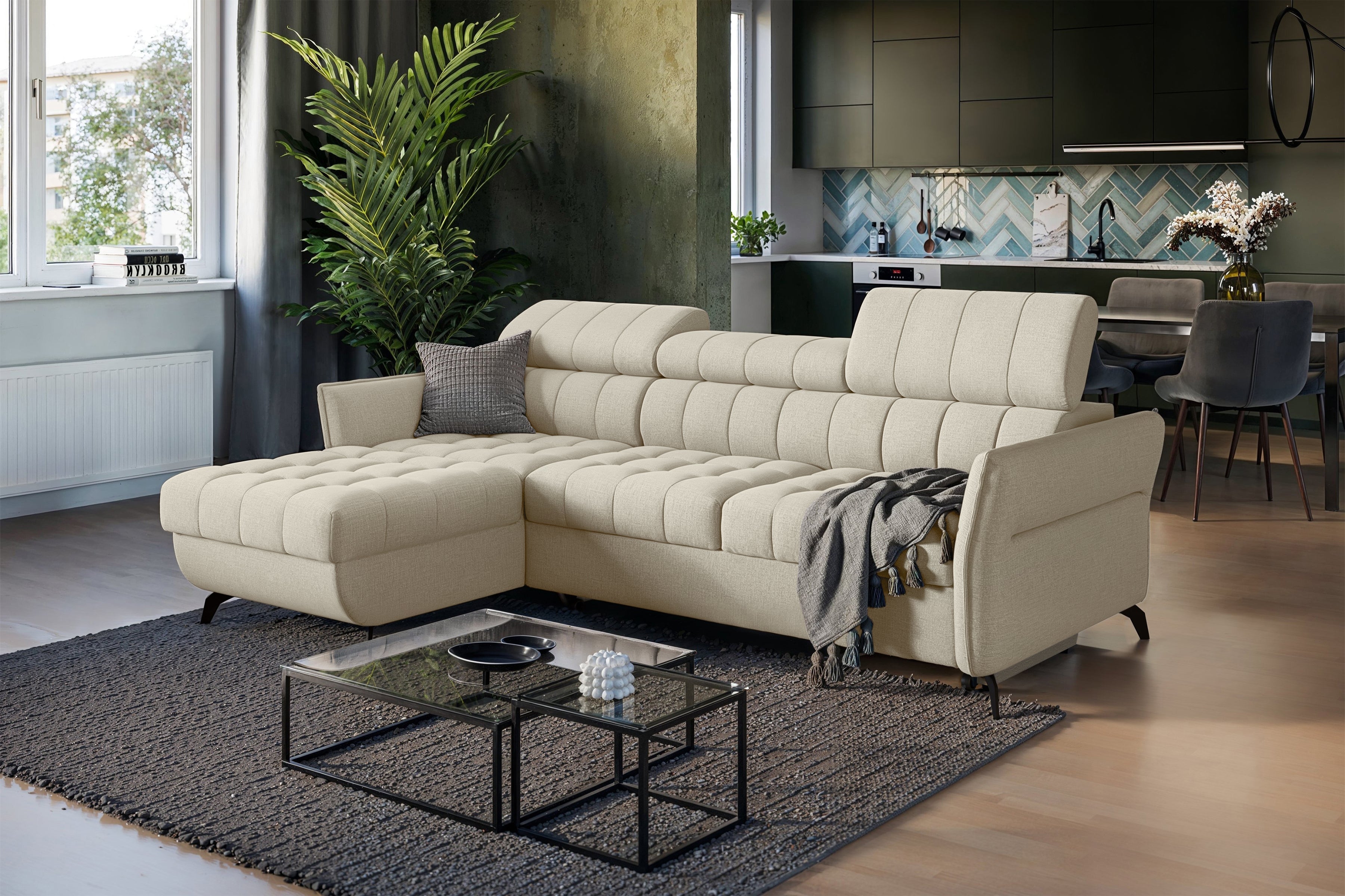 Canapé d'angle convertible côté gauche - tricot beige Maya 02 - Offre limitée