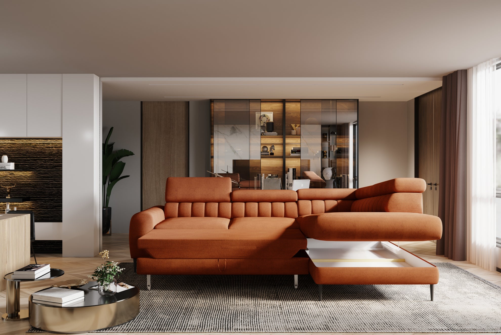 Canapé d’Angle – Design Moderne, Système de Couchage DELFIN, Coffre de Rangement et Têtières Ajustables | Tissu Haut de Gamme