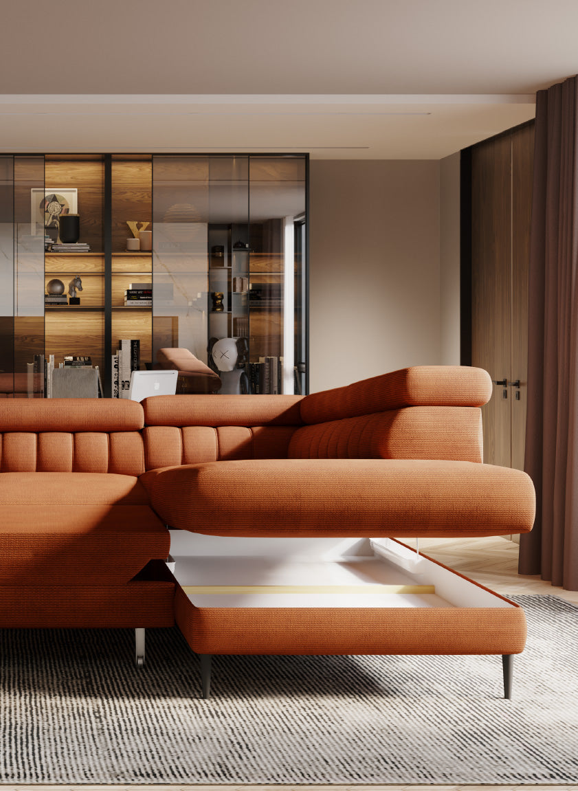 Canapé d’Angle – Design Moderne, Système de Couchage DELFIN, Coffre de Rangement et Têtières Ajustables | Tissu Haut de Gamme