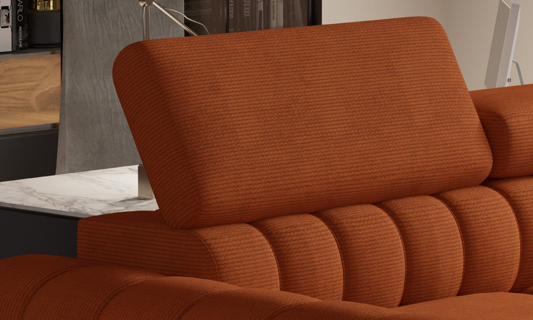 Canapé d’Angle – Design Moderne, Système de Couchage DELFIN, Coffre de Rangement et Têtières Ajustables | Tissu Haut de Gamme