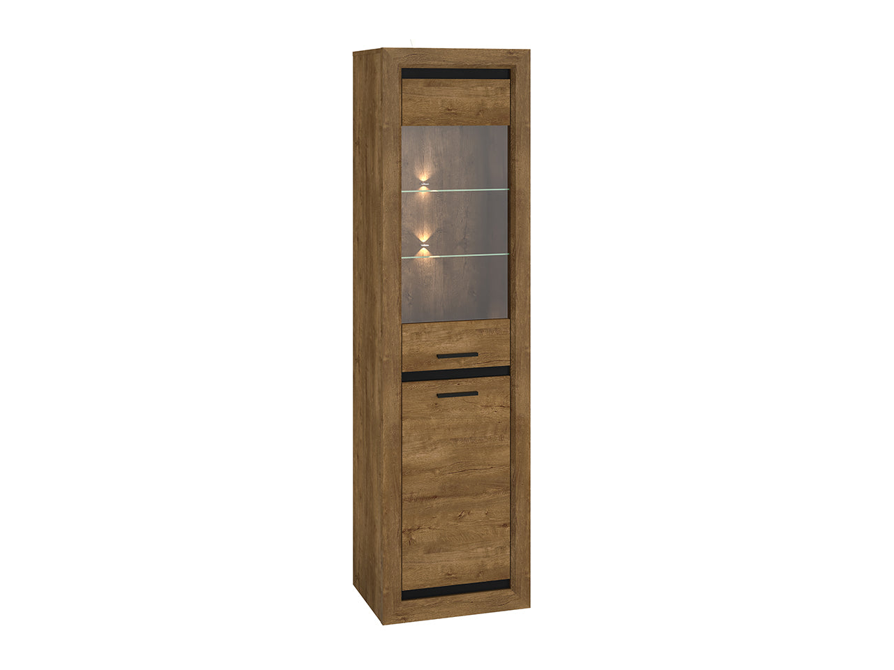 Vitrine Moderne en Chêne de Lefkas et Noir – Avec Éclairage LED (en option) et Fonction d’assemblage droite/gauche