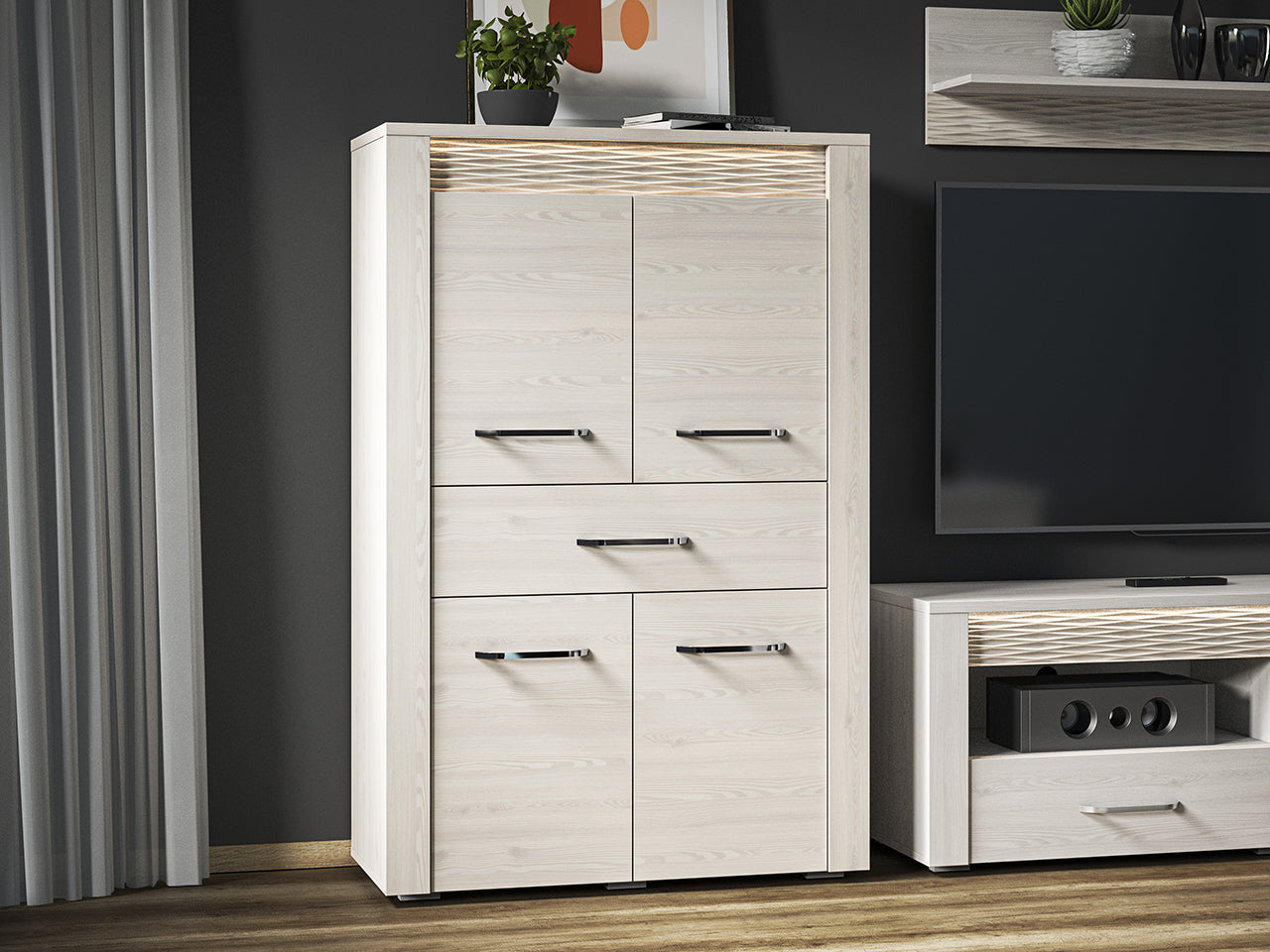 Buffet Moderne en Pin Enneigé avec Tiroirs Spacieux - Rangement Pratique et Design Épuré